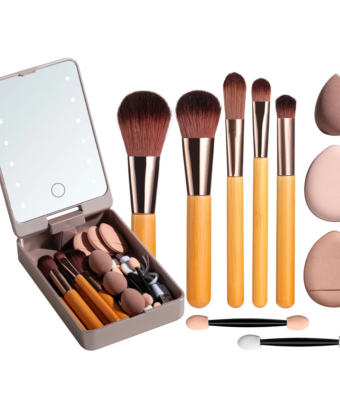 Travel Makeup Brush Set Small Portable With LED mirror and 14 pcs Makeup Brushes For Women Beauty Makeup Kit And Storage Box