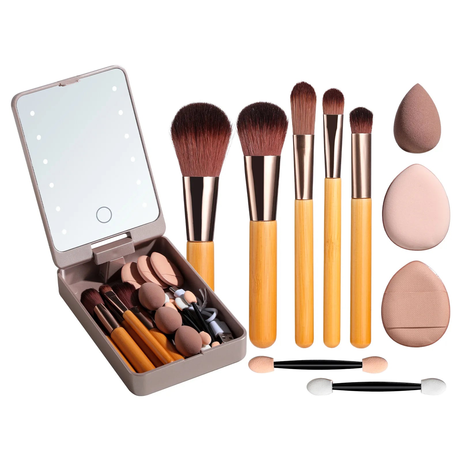Travel Makeup Brush Set Small Portable With LED mirror and 14 pcs Makeup Brushes For Women Beauty Makeup Kit And Storage Box