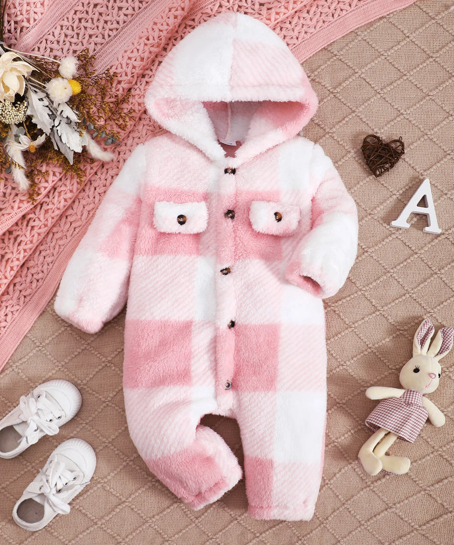 Baby Boys and Girls Plaid Romper Hooded Long Sleeved Plush Jumpsuit Winter Warm Bodysuit Clothes for 3-24 Months Toddler Boy