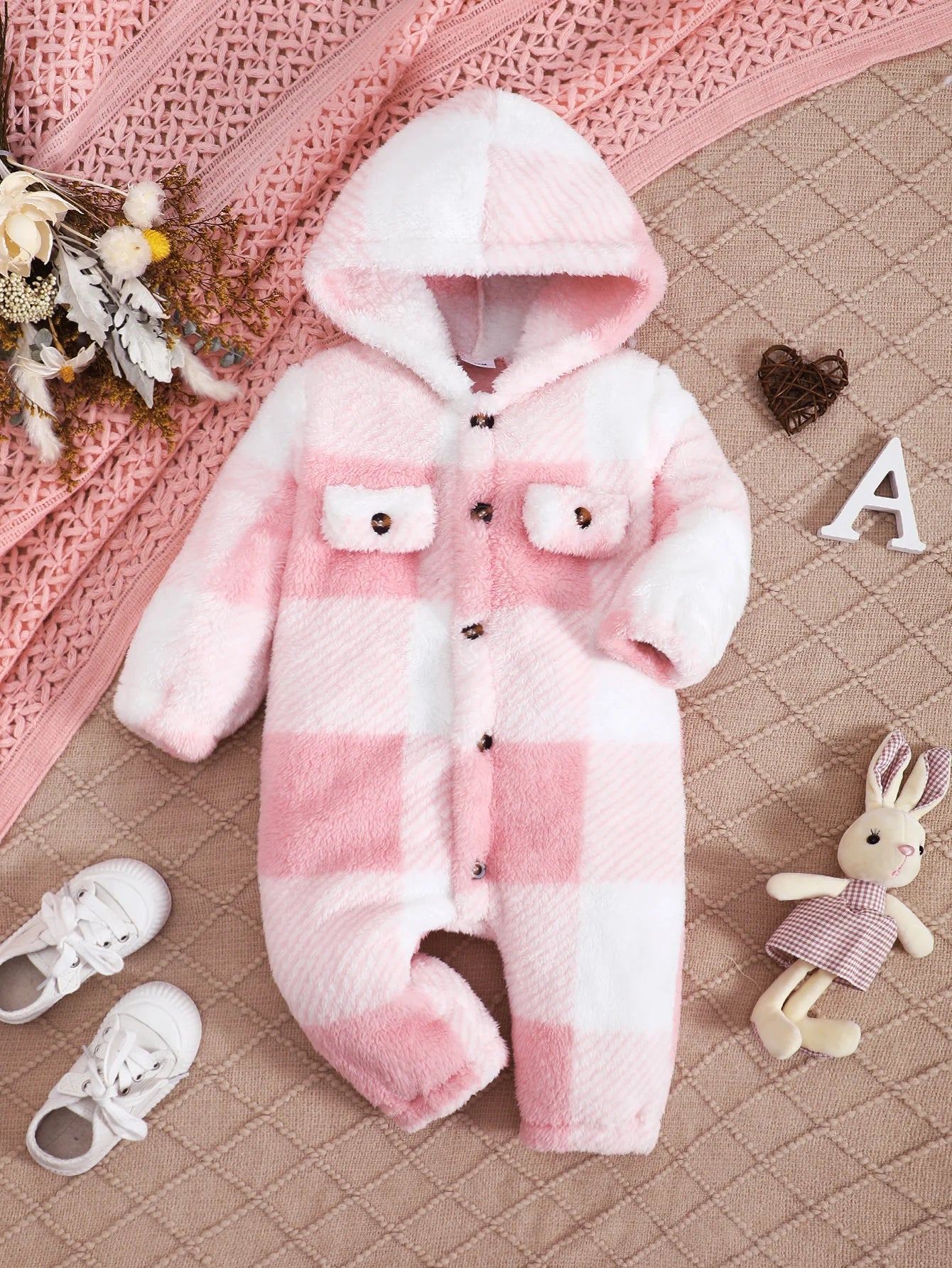 Baby Boys and Girls Plaid Romper Hooded Long Sleeved Plush Jumpsuit Winter Warm Bodysuit Clothes for 3-24 Months Toddler Boy