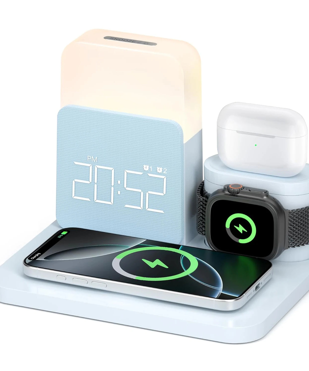 7-in-1 MagSafe Alarm Clock Charger-Wireless Station for iPhone 12-16/Samsung/Xiaomi/Huawei/Apple Watch/AirPods with Night Light