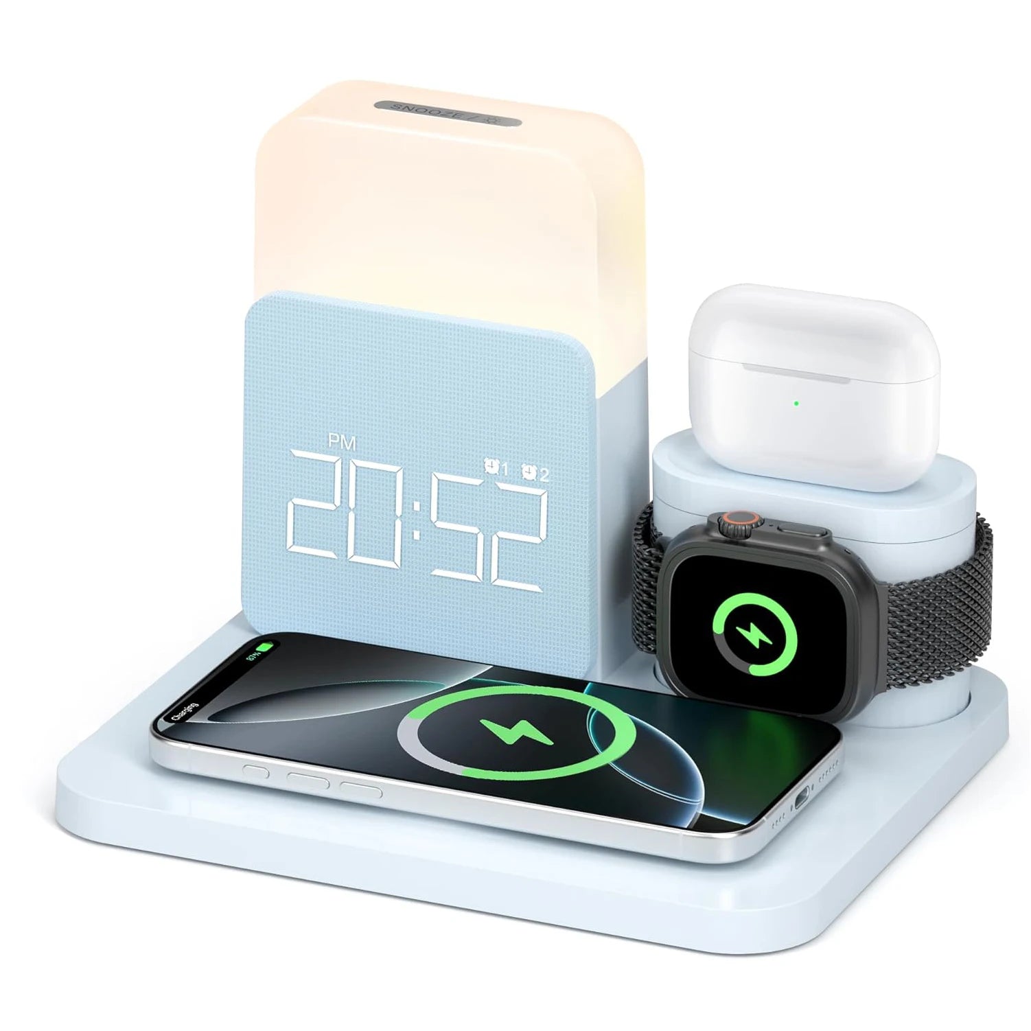 7-in-1 MagSafe Alarm Clock Charger-Wireless Station for iPhone 12-16/Samsung/Xiaomi/Huawei/Apple Watch/AirPods with Night Light