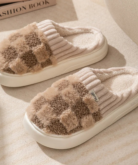 Fashion Couple Winter Toe Wrap Warm Plaid Cotton Slippers Thick Soft Sole Slides Men Women Indoor Floor Flat Home Non-slip Shoes