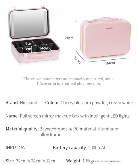Lighted Makeup Case with Mirror - Portable Travel Makeup Organizer with LED Mirror, 3 Light Settings, Rechargeable Makeup Bag w
