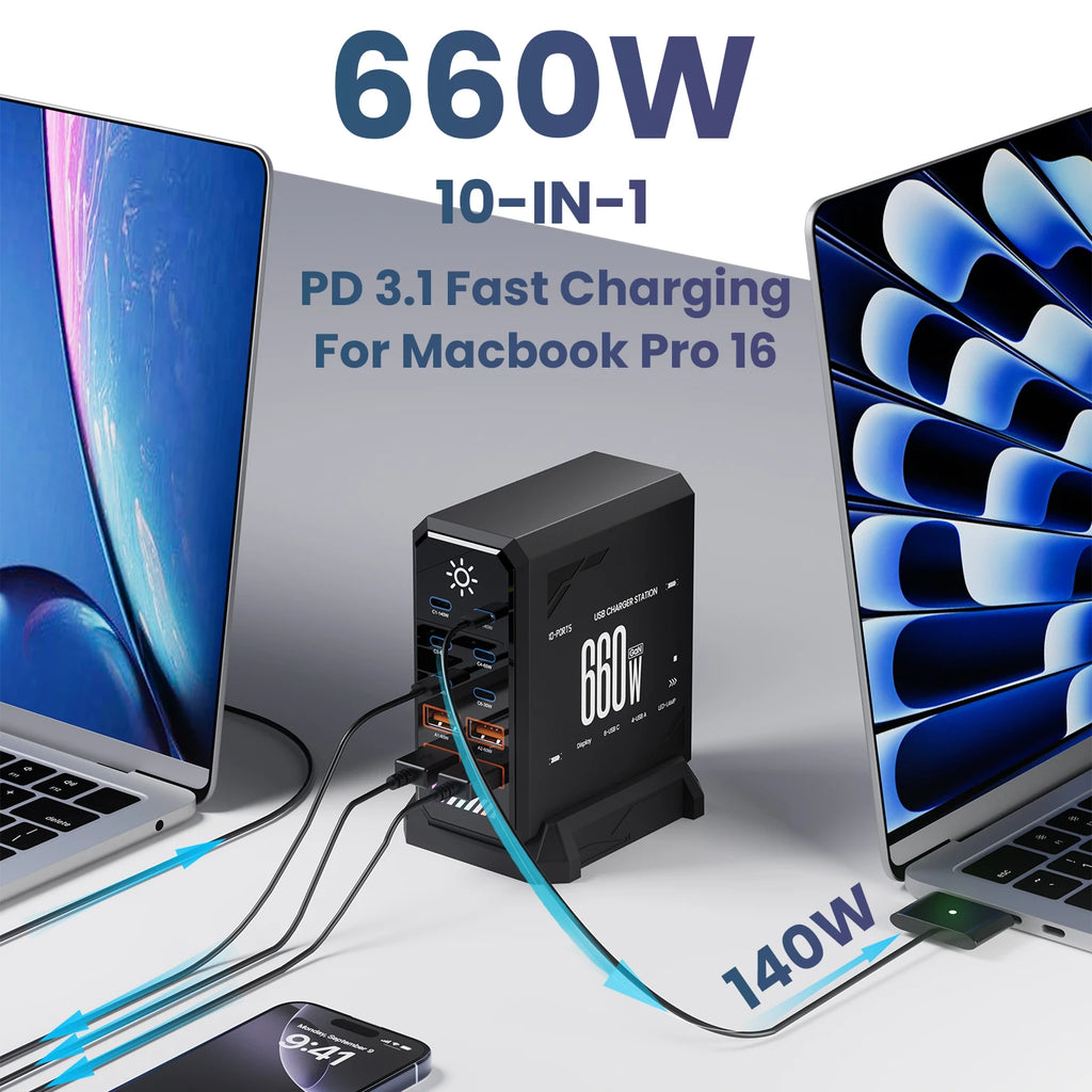660W GaN USB C Charger Station 10 Port Fast Charger Type C PD3.1 PD3.0 PPS Quick Charger For Macbook Pro iPad iPhone 16 Samsung