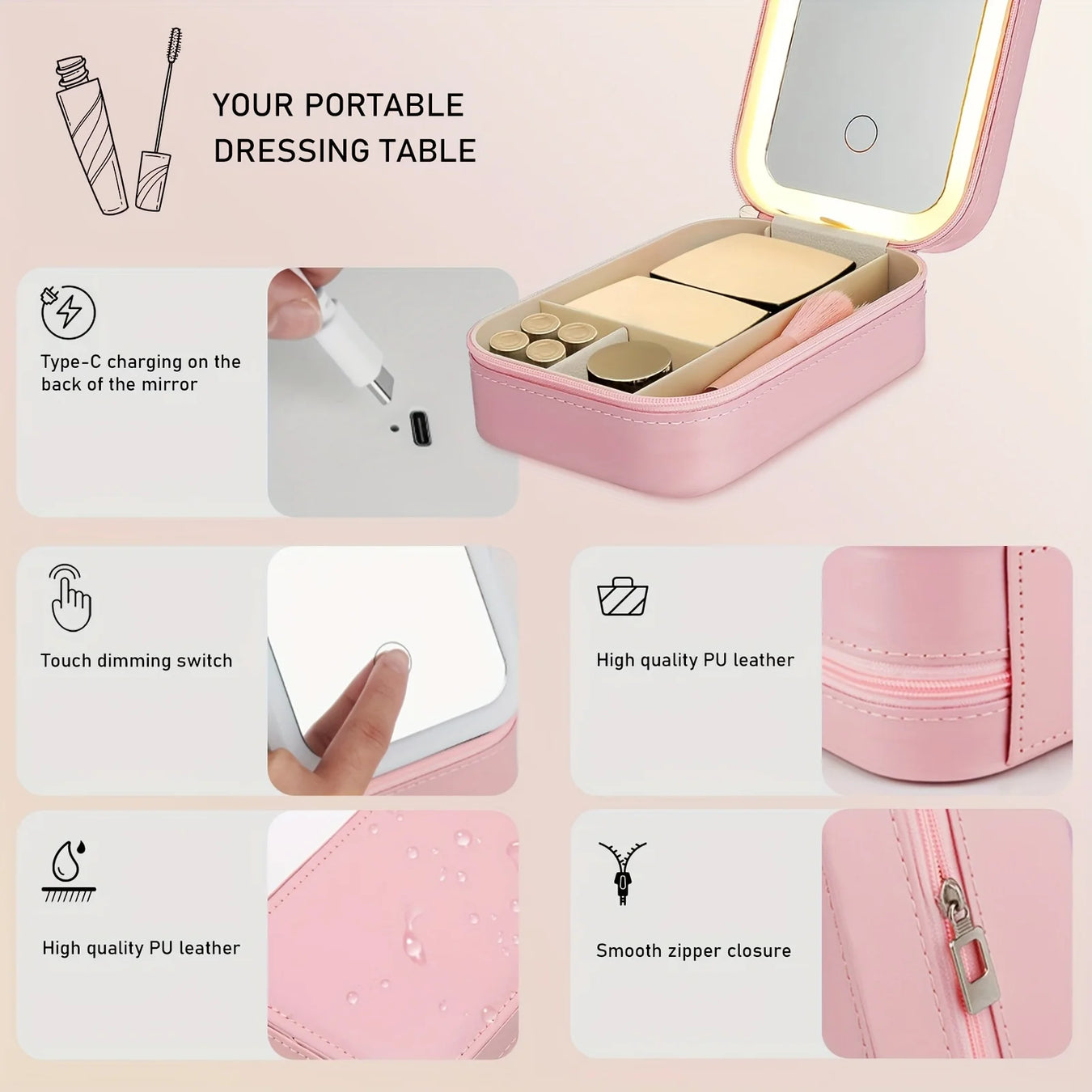 Makeup Bag With Mirror LED Travel Makeup Case Make Up Bag Light Up Mirror Adjustable 3 Color Rechargeable, Jewelry Box Organizer