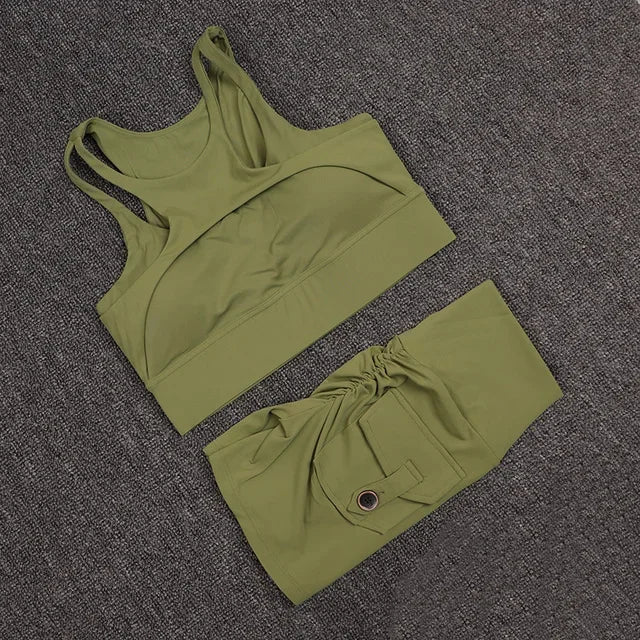 Fitness Shorts Yoga Sets Women's Tracksuit High Waist Sportswear Bra Workout Leggings Cycling Gym Shorts Sports Suit With Pocket