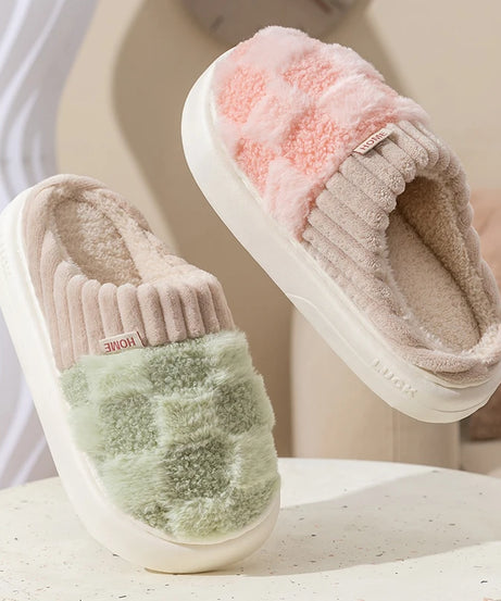 Fashion Couple Winter Toe Wrap Warm Plaid Cotton Slippers Thick Soft Sole Slides Men Women Indoor Floor Flat Home Non-slip Shoes