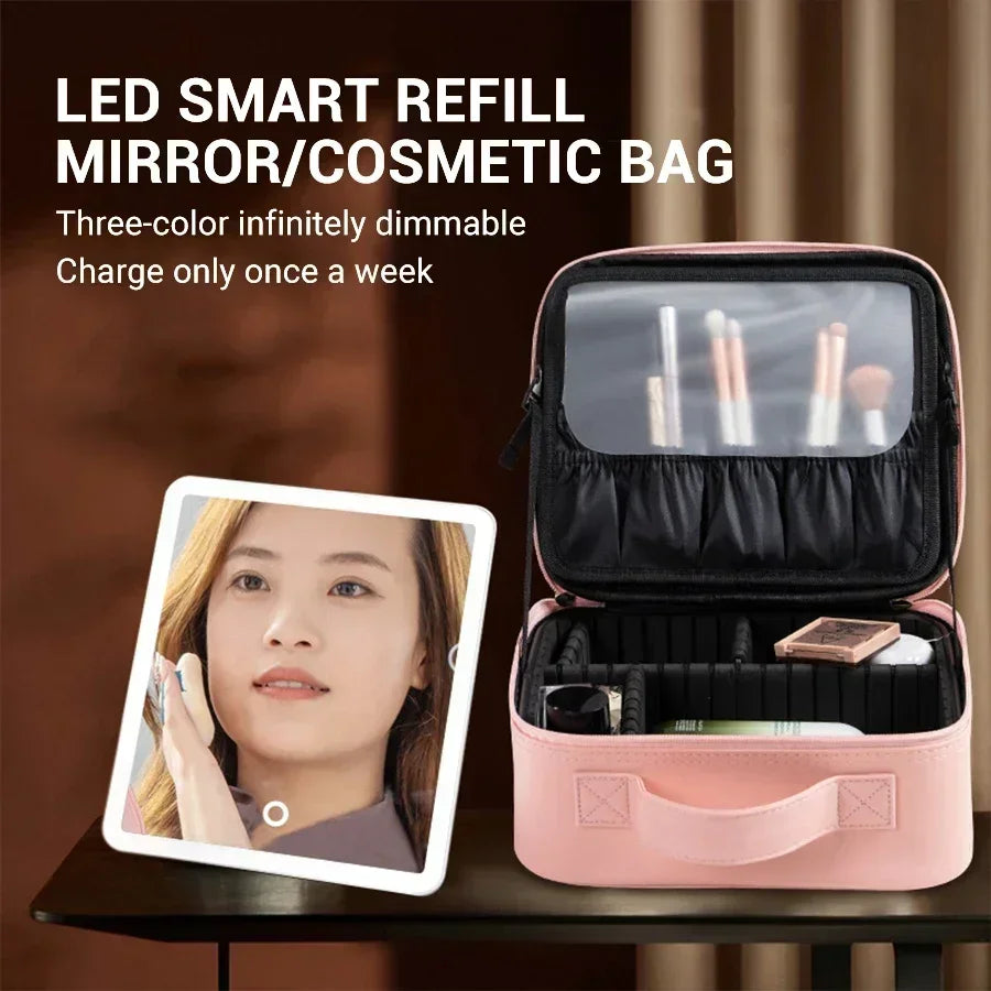 New LED Lighted Cosmetic Case With Mirror PU Leather Portable Travel Makeup Storage Bags Waterproof Travel Makeup Bag