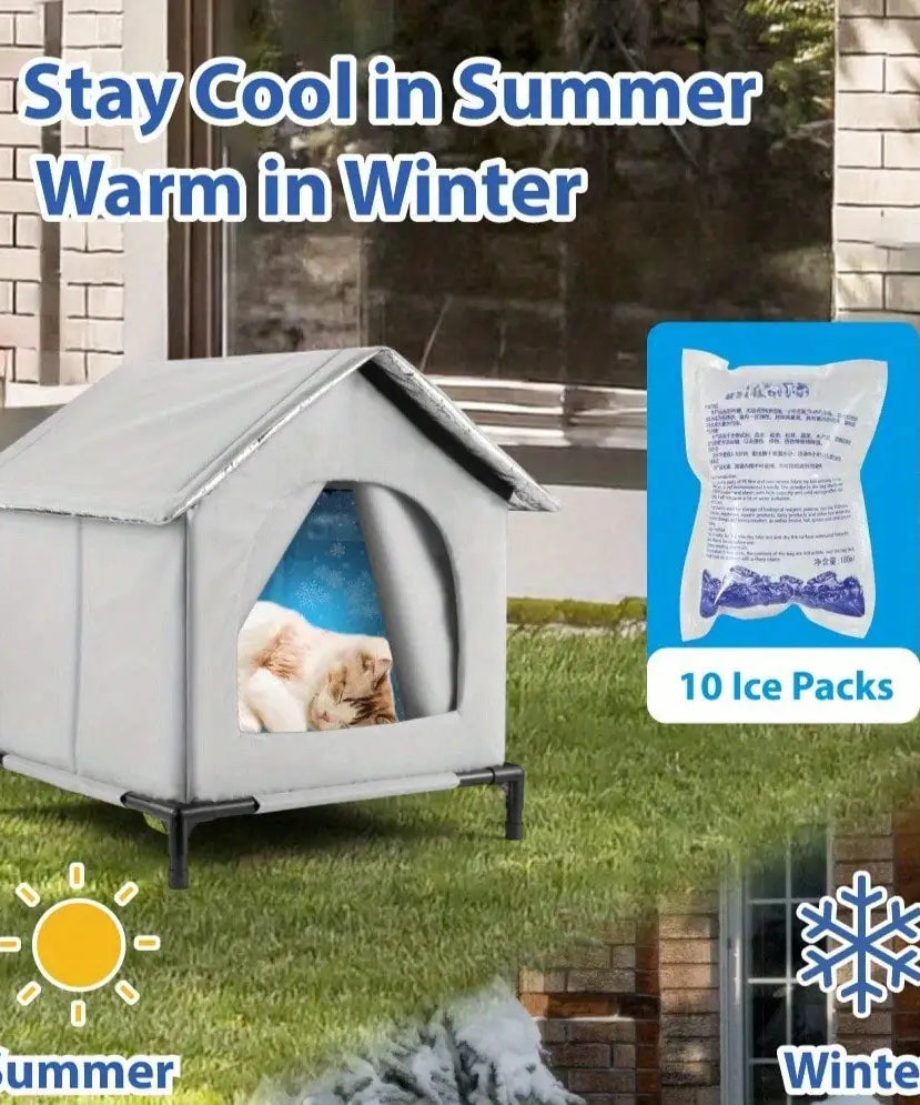 All-Season Waterproof Cat House with Ice Packs & Heating Bags, Foldable Shelter for Indoor & Outdoor Use, Available in 3 Sizes