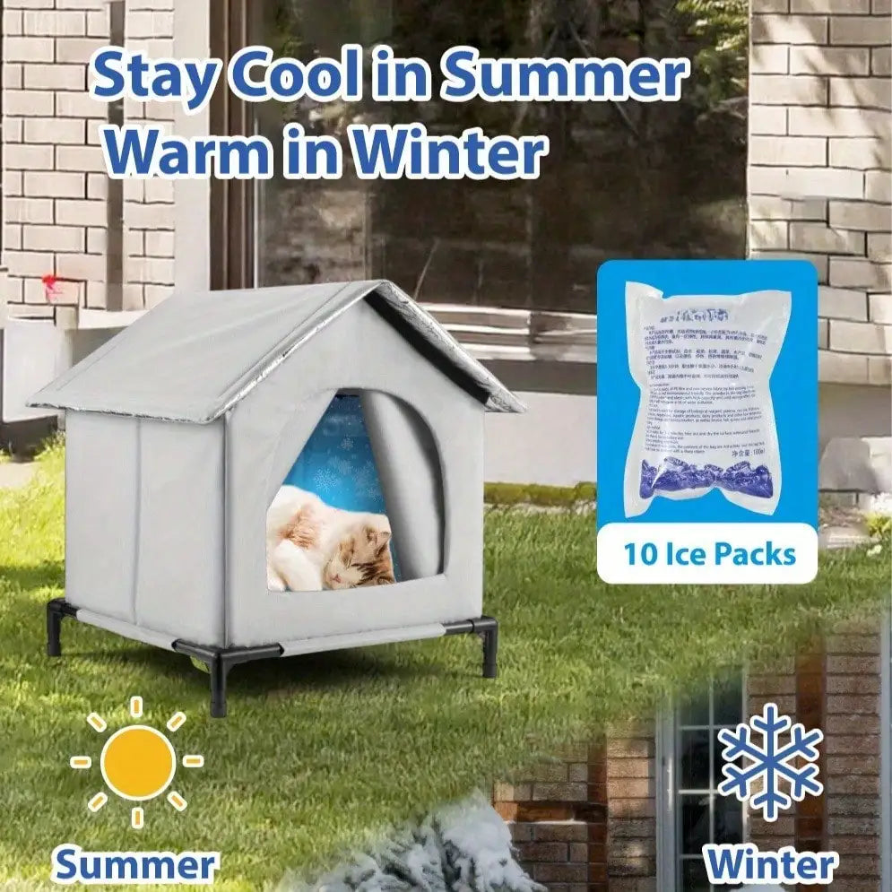 All-Season Waterproof Cat House with Ice Packs & Heating Bags, Foldable Shelter for Indoor & Outdoor Use, Available in 3 Sizes