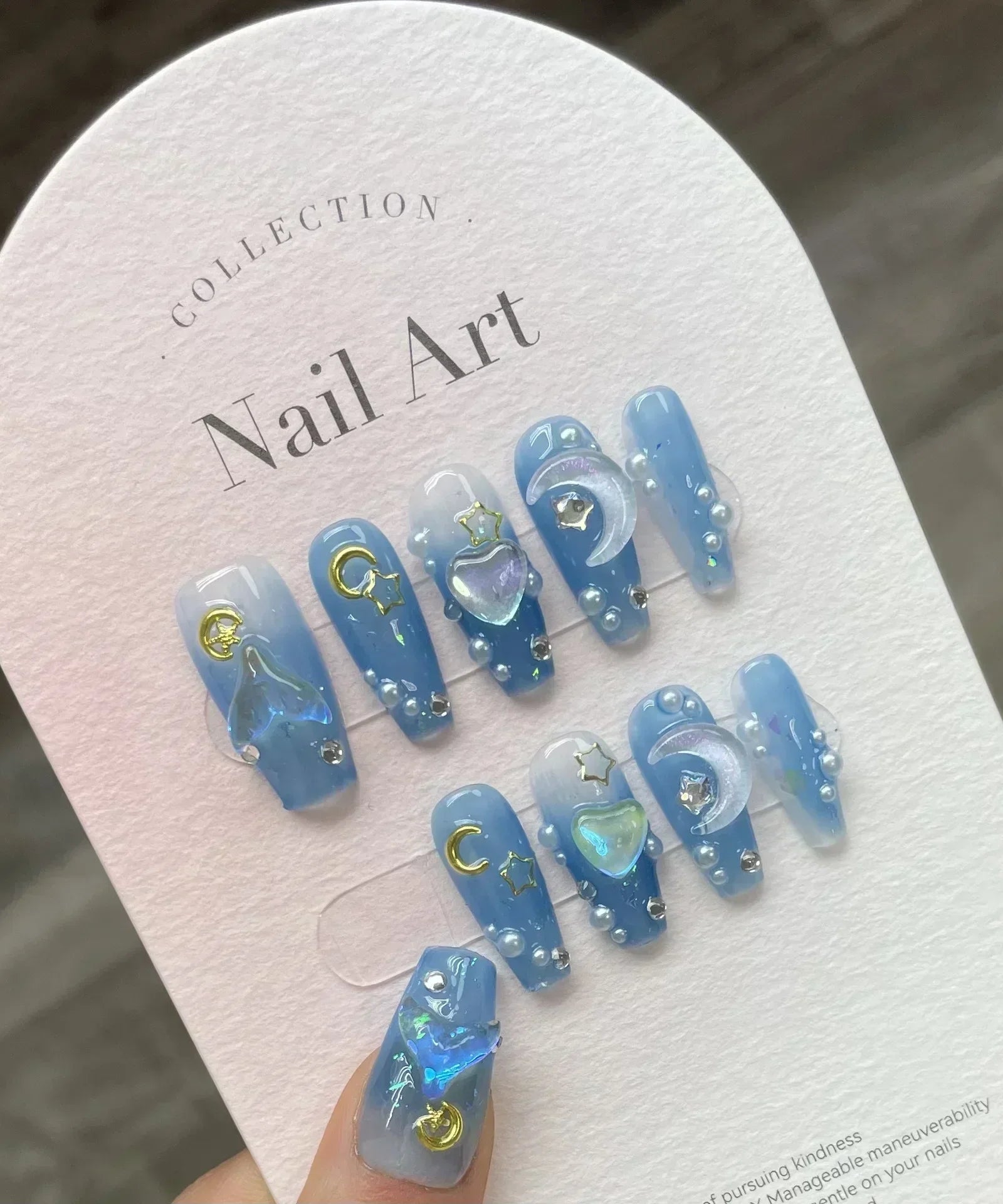 10Pcs Handmade Press on Nails Long Ballet Blue Fake Nails with 3D Ocean Moon Rhinestone Design False Nails Full Cover Nail Tips