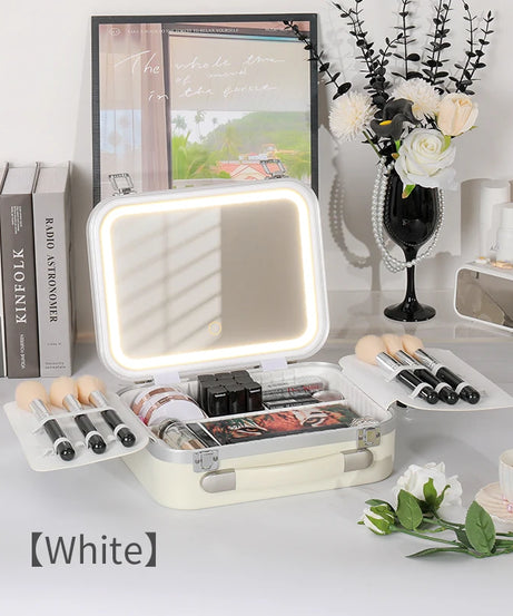 Portable Makeup Organizer Box with LED Light & Mirror – Travel-Friendly Cosmetic Train Case for Brushes box