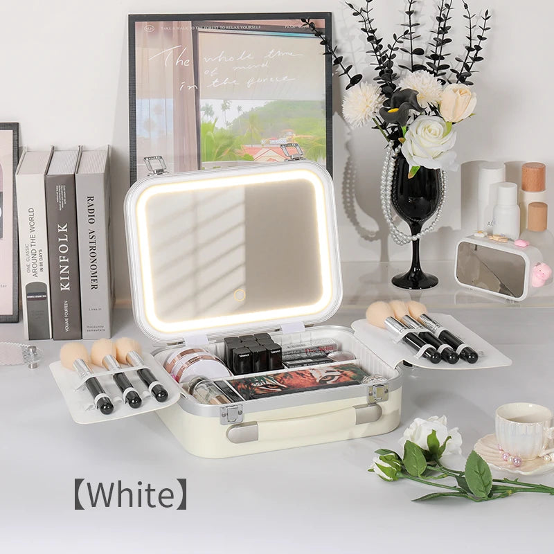 Portable Makeup Organizer Box with LED Light & Mirror – Travel-Friendly Cosmetic Train Case for Brushes box