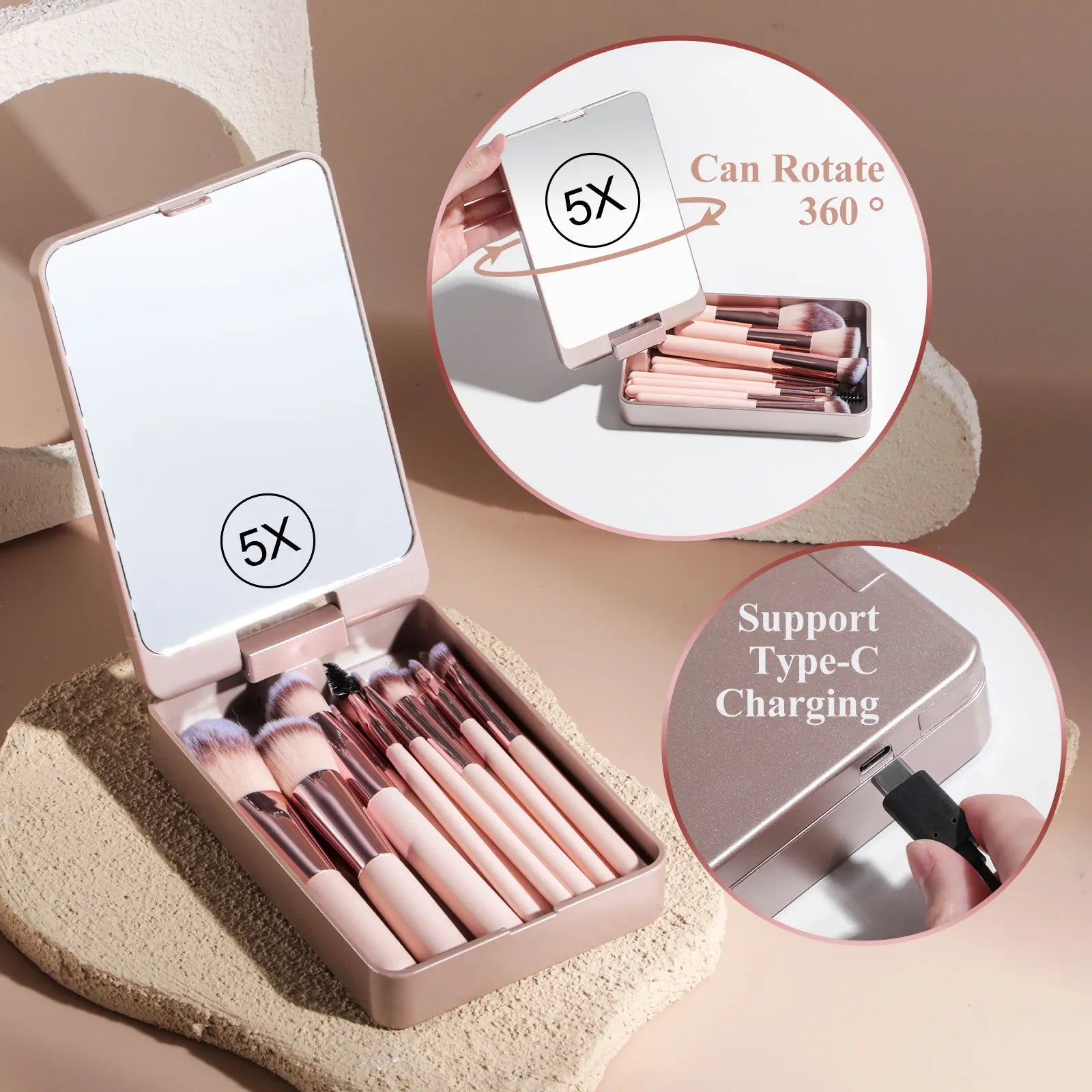 Travel Makeup Brush Set Small Portable With LED mirror and 14 pcs Makeup Brushes For Women Beauty Makeup Kit And Storage Box