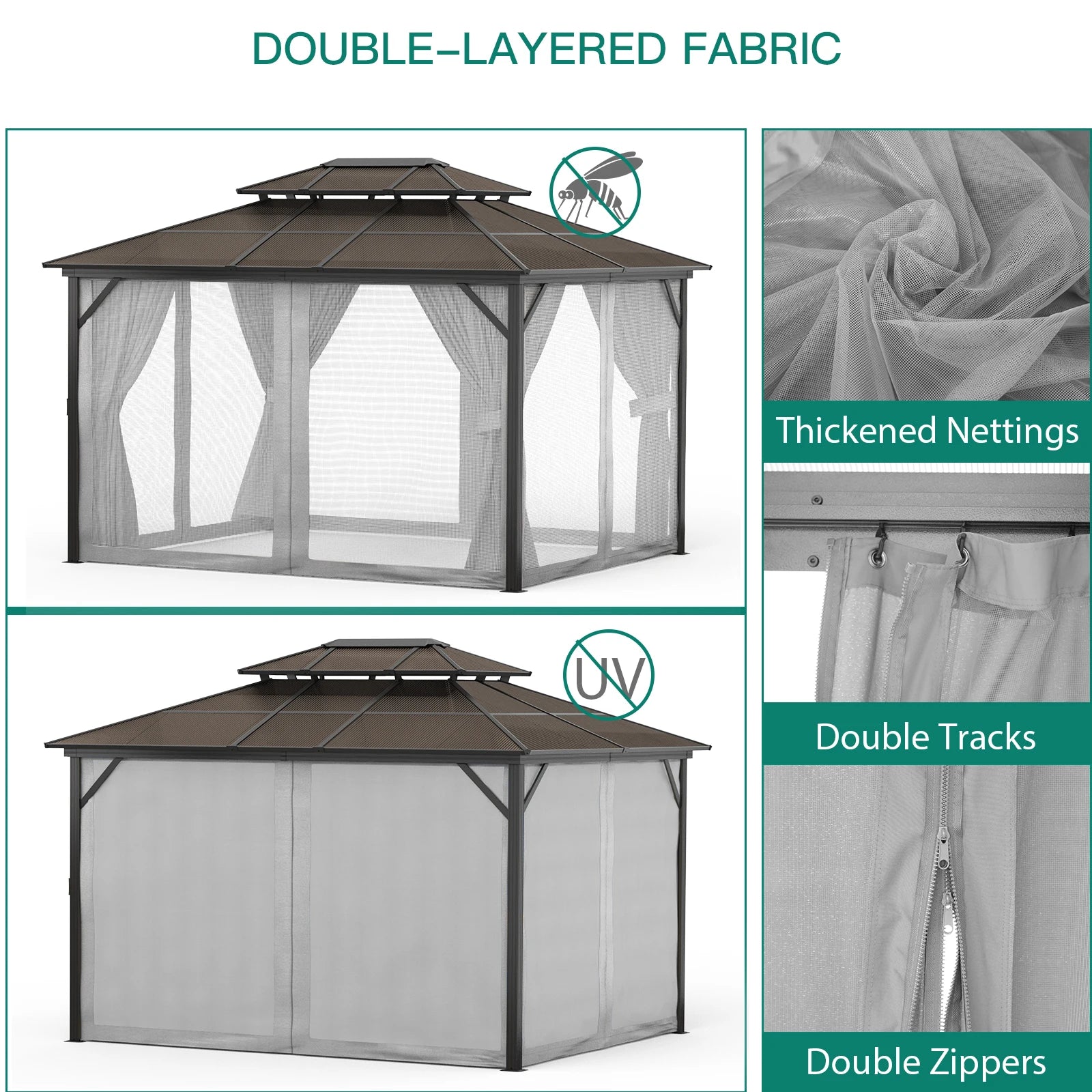 Hardtop Gazebo 10'x13',Double Polycarbonate Sheets Roof,Aluminum Alloy Frame,Net,and Curtain,for Patio Backyard Garden