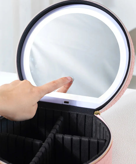 Waterproof Round Vanity Case with LED Light Mirror - Large Capacity, Portable Cosmetic Organizer Bag for Business Trips & Travel