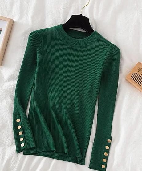 2025 women thick sweater pullovers khaki casual autumn winter button o-neck chic sweater female slim knit top soft jumper tops