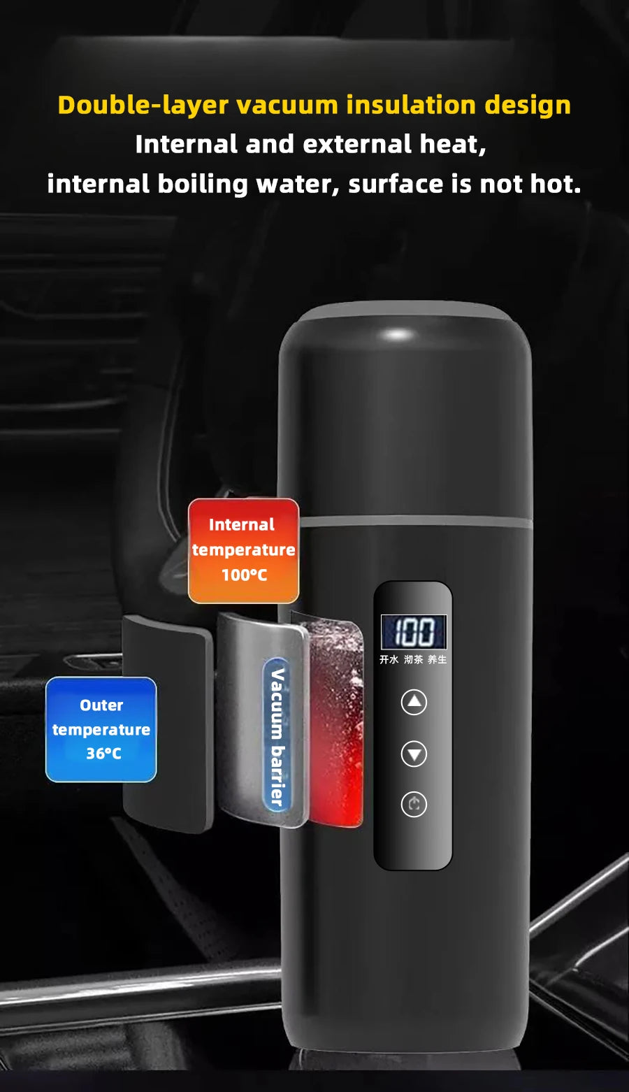 Electric Kettle 12V24V Portable Car Heating Cup 500ml Travel Heating Touch Screen Intelligent Adjustable Temperature Thermal Cup