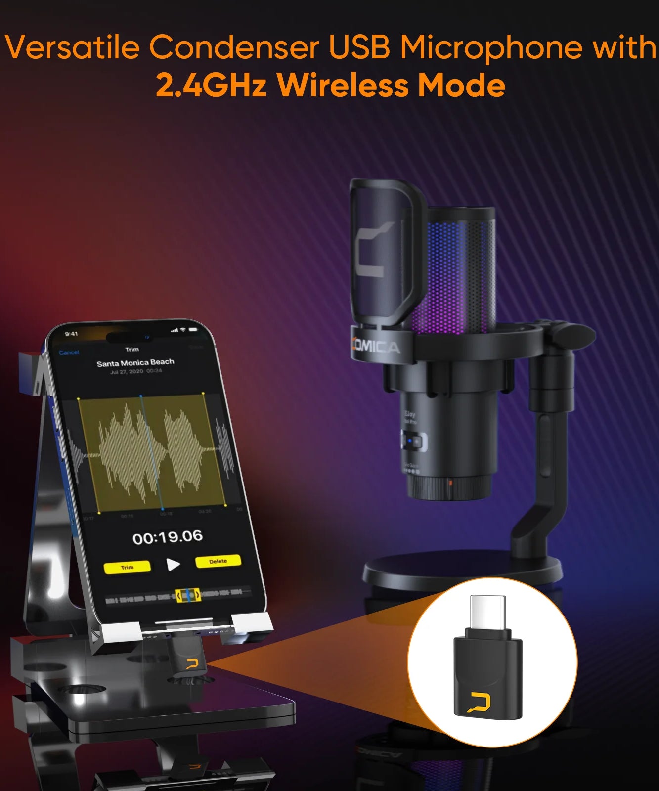 COMICA Uni Pro Wireless USB Gaming Microphone for PC Laptop Smartphone Noise Cancellation Condenser Mic with RGB Lights