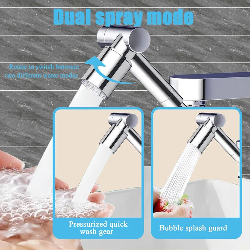 1440° Rotatable Scalable Metal Faucet Bathroom Tap Splash-proof Bubbler Kitchen Faucet Filter Nozzle Tap Saving Water Extender