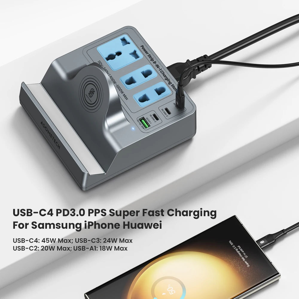72W Fast Charging Station With Wireless Charger 3 Socket Outlets 4 USB Porst Power Strip Adapte For iPhone 14 Samsung Laptop