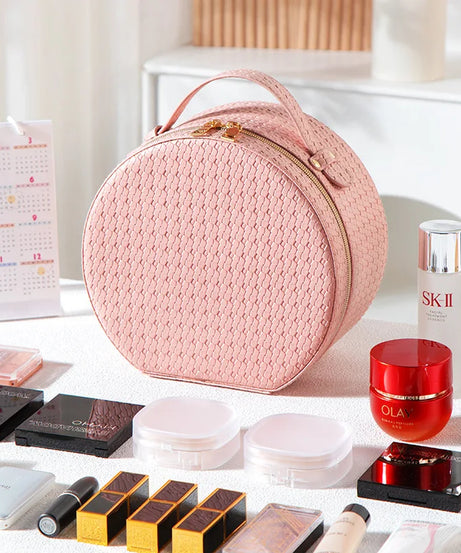 Waterproof Round Vanity Case with LED Light Mirror - Large Capacity, Portable Cosmetic Organizer Bag for Business Trips & Travel