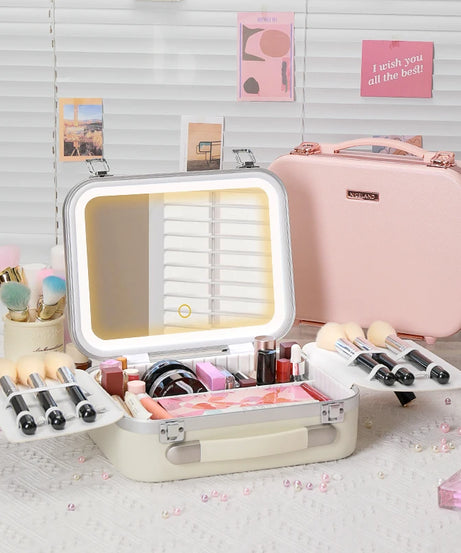 Portable Makeup Organizer Box with LED Light & Mirror – Travel-Friendly Cosmetic Train Case for Brushes box