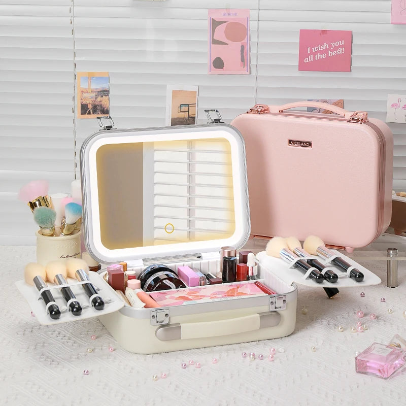 Portable Makeup Organizer Box with LED Light & Mirror – Travel-Friendly Cosmetic Train Case for Brushes box