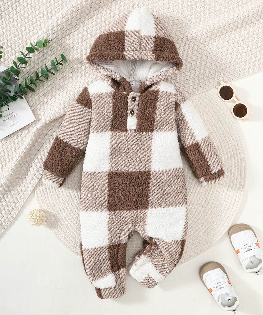 Baby Boys and Girls Plaid Romper Hooded Long Sleeved Plush Jumpsuit Winter Warm Bodysuit Clothes for 3-24 Months Toddler Boy