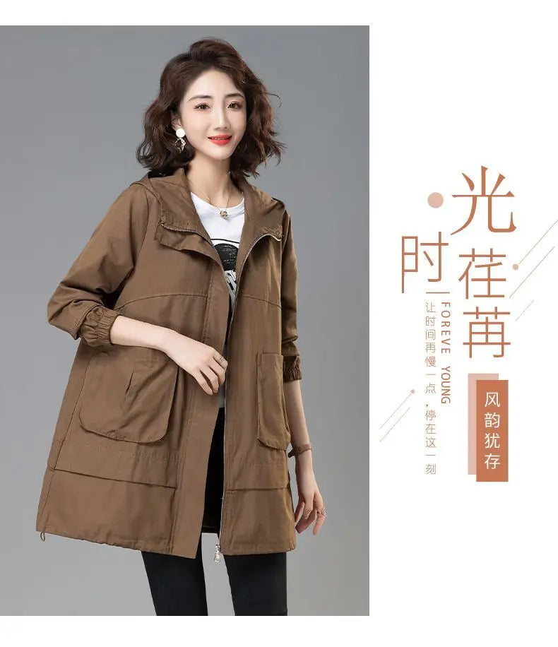 2024 Women Trench Coat With Hooded Tops Autumn New Coat Long-Sleeved Loose Mid-Length Outerwear Female Windbreaker