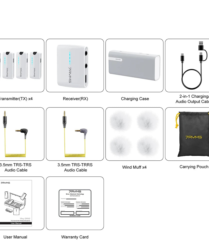 7Ryms iRay DW40 Wireless Lavalier Microphone with 4 Transmitters,48kHz/24bit Recording,AI Denoise for Camera,SmartPhone and PC