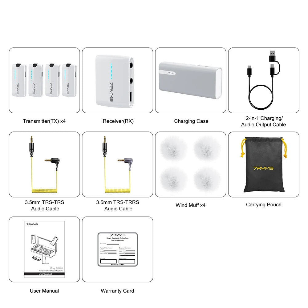 7Ryms iRay DW40 Wireless Lavalier Microphone with 4 Transmitters,48kHz/24bit Recording,AI Denoise for Camera,SmartPhone and PC