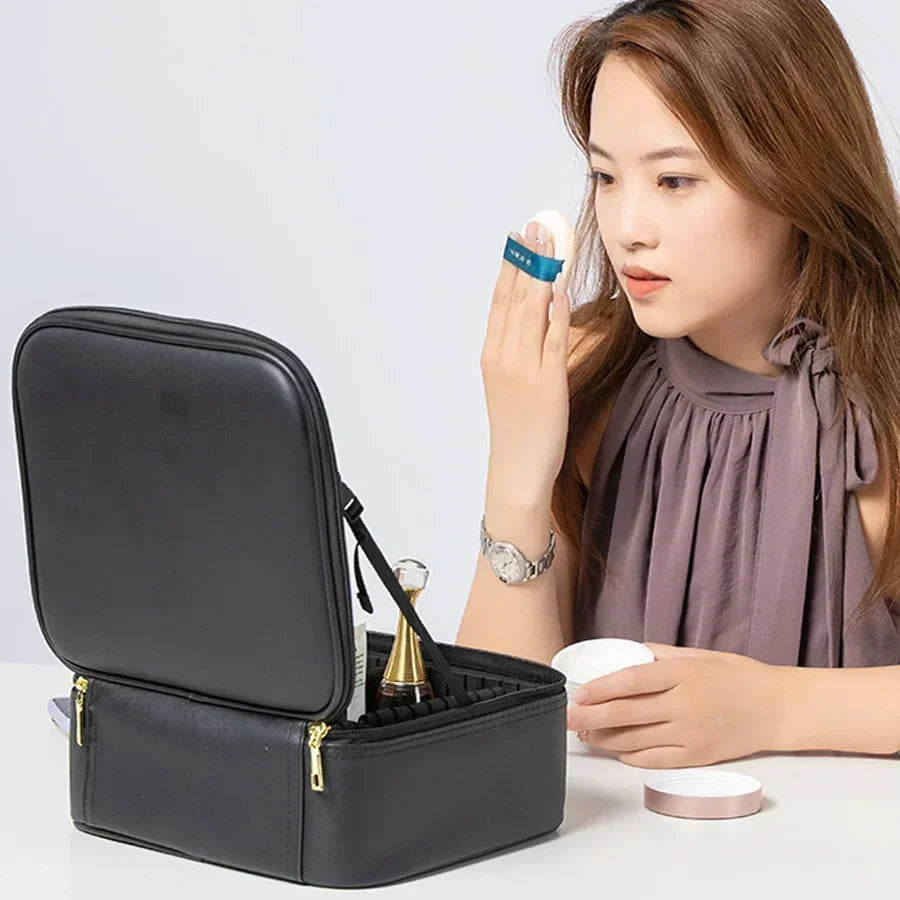 New LED Lighted Cosmetic Case With Mirror PU Leather Portable Travel Makeup Storage Bags Waterproof Travel Makeup Bag