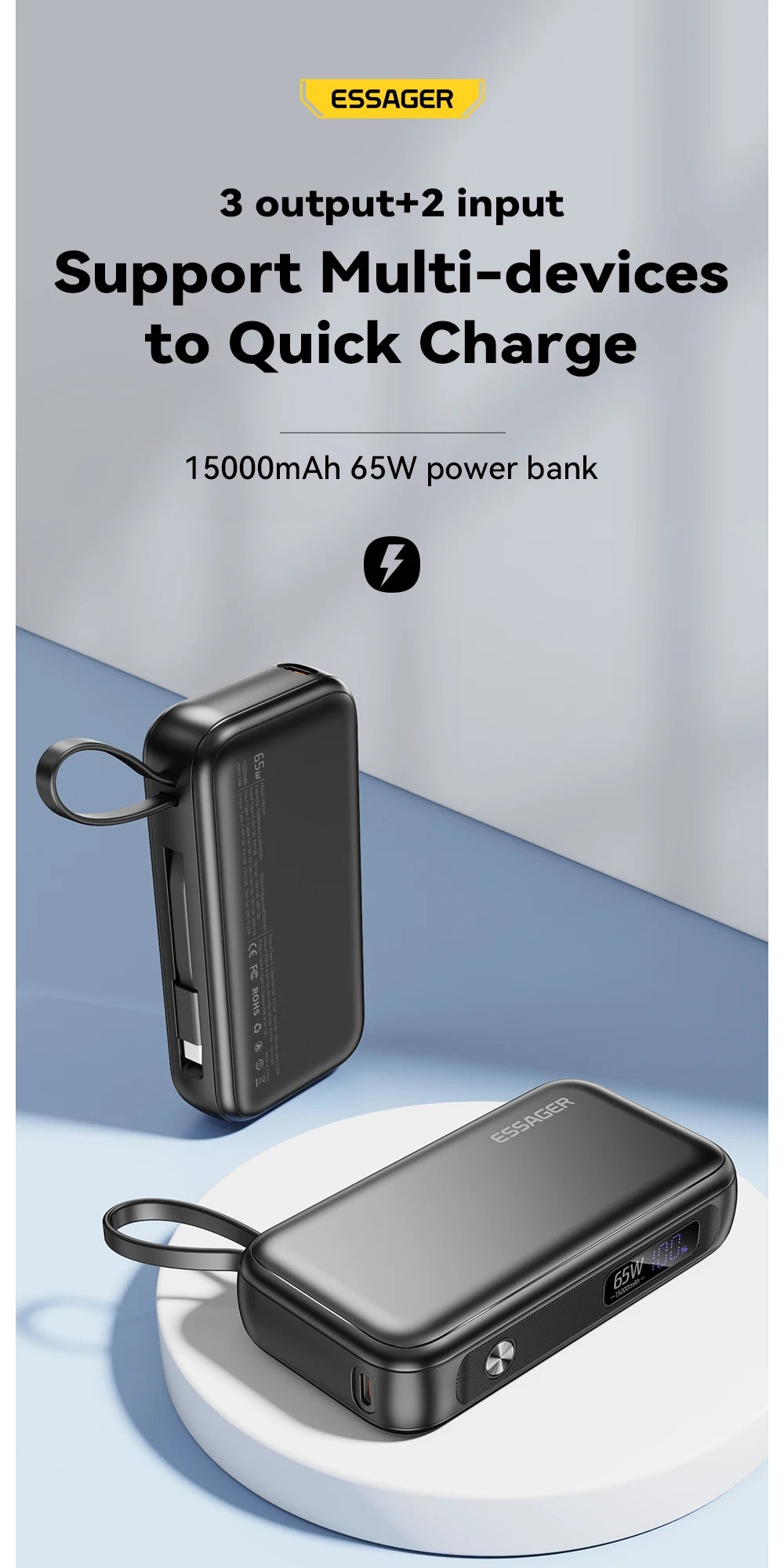 Essager Power Bank Portable 15000mAh in With USB C Cable External Spare Battery Pack for iPhone iPad Macbook 65W Fast Charger