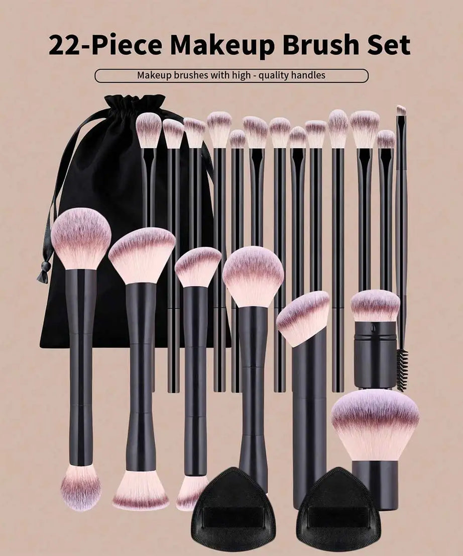 22pcs Professional Makeup Tools Set With Velvet Bag,20pcs Soft Long Aluminum Tube Makeup Brush Set+2pcs Powder Puffs Accessories