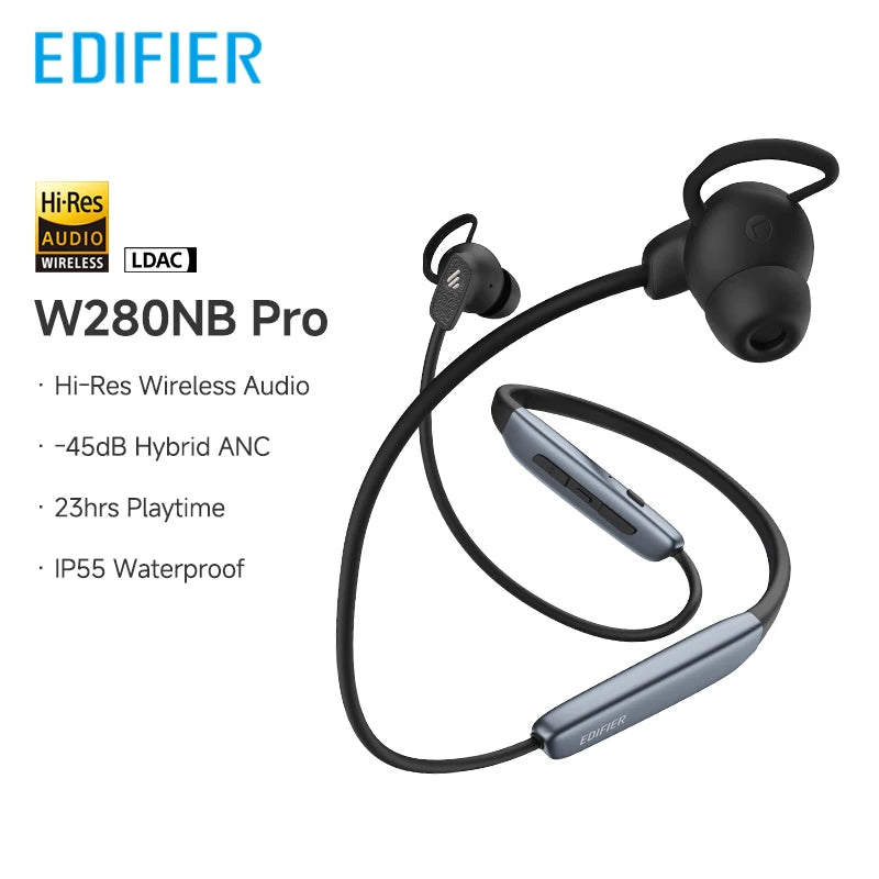 Edifier W280NB Pro Wireless Noise Cancelling Neckband Headphones Bluetooth V5.4 Hi-Res LDAC Sport Earphones IP55 Waterproof