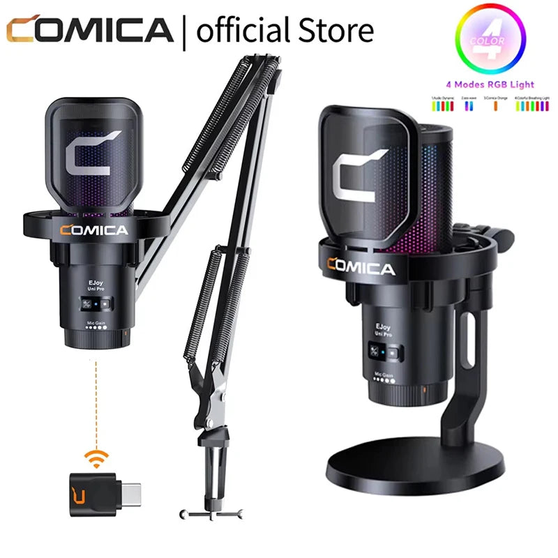 COMICA Uni Pro Wireless USB Gaming Microphone for PC Laptop Smartphone Noise Cancellation Condenser Mic with RGB Lights