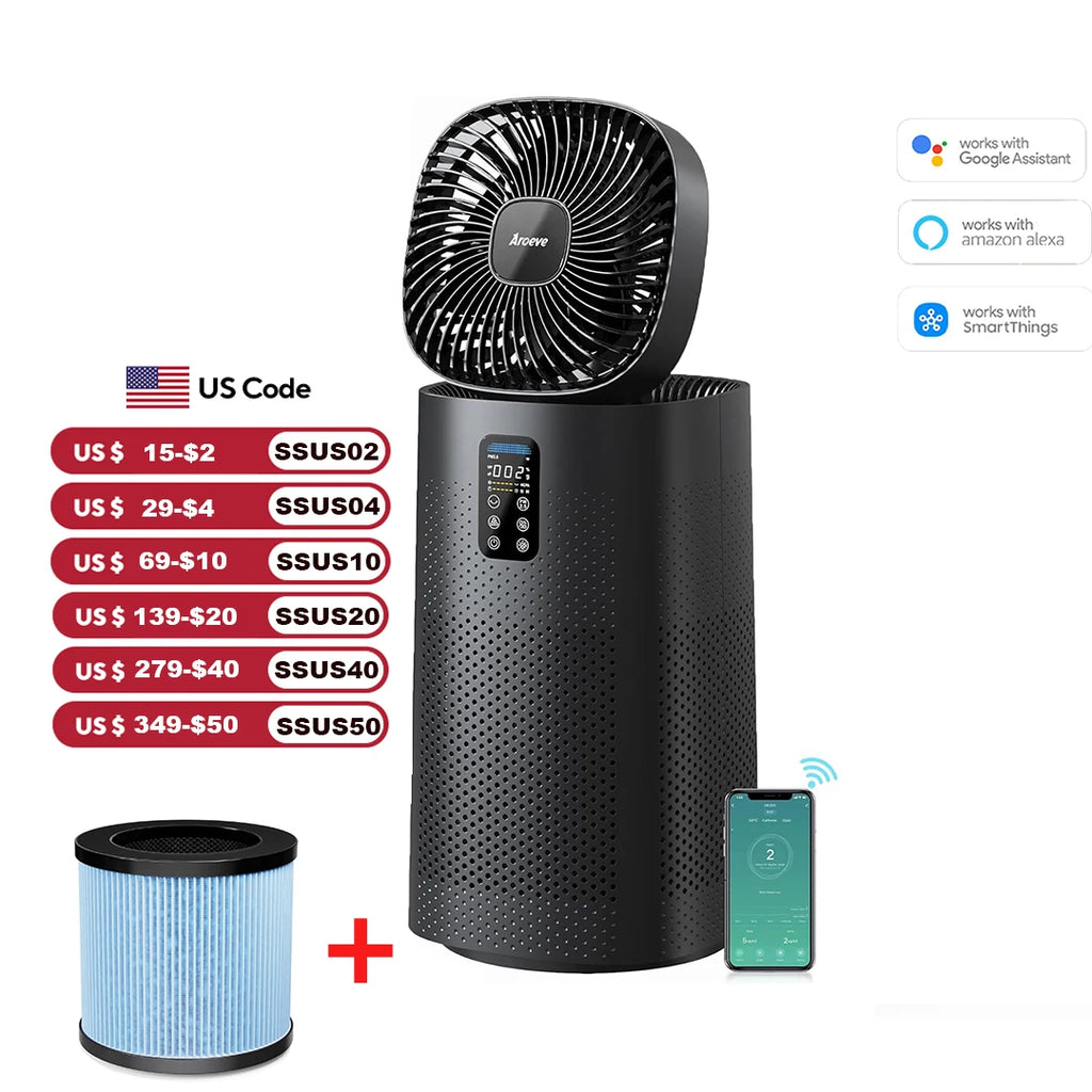 Aroeve Air Purifier Fan 1980 Sq.ft Washable Filter Smart App Wifi Control Quite Angle Adjustable Air 2-In-1 Circulator System