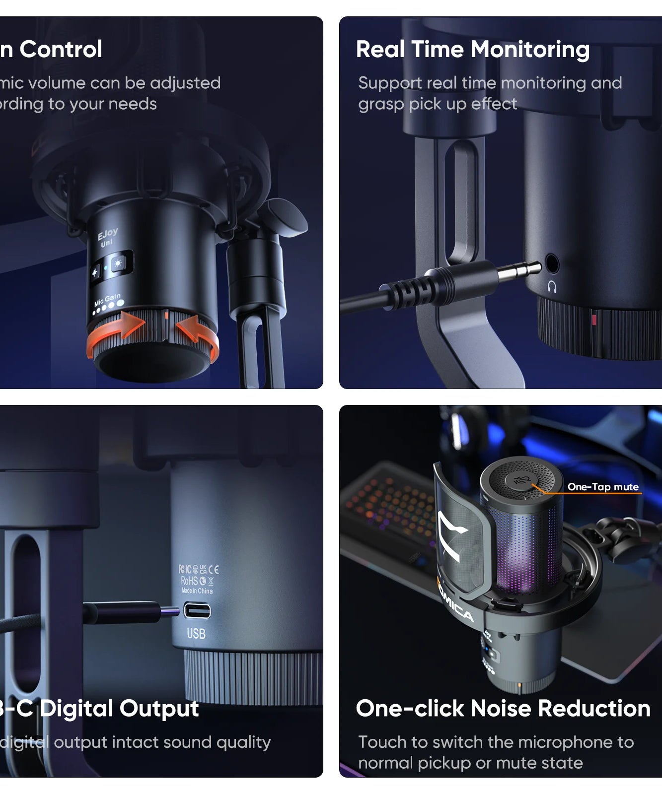 COMICA Uni Pro Wireless USB Gaming Microphone for PC Laptop Smartphone Noise Cancellation Condenser Mic with RGB Lights