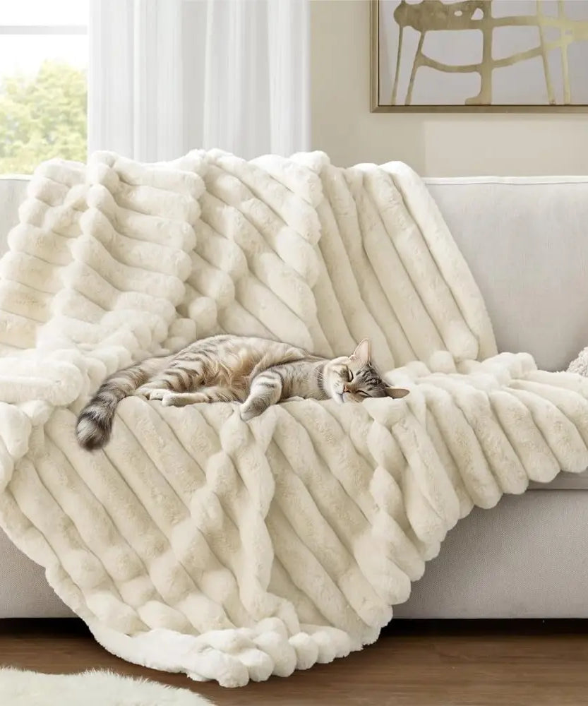 Ultra Soft Faux Rabbit Fur Throw Blanket Warm Plush Striped Blankets Conditioning Quilt Fluffy Throws for Couch Chair Sofa