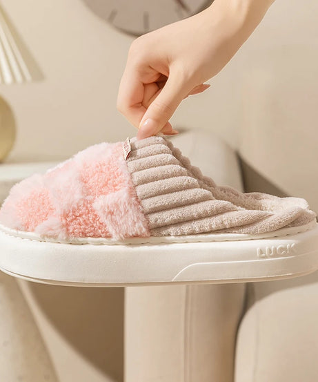 Fashion Couple Winter Toe Wrap Warm Plaid Cotton Slippers Thick Soft Sole Slides Men Women Indoor Floor Flat Home Non-slip Shoes