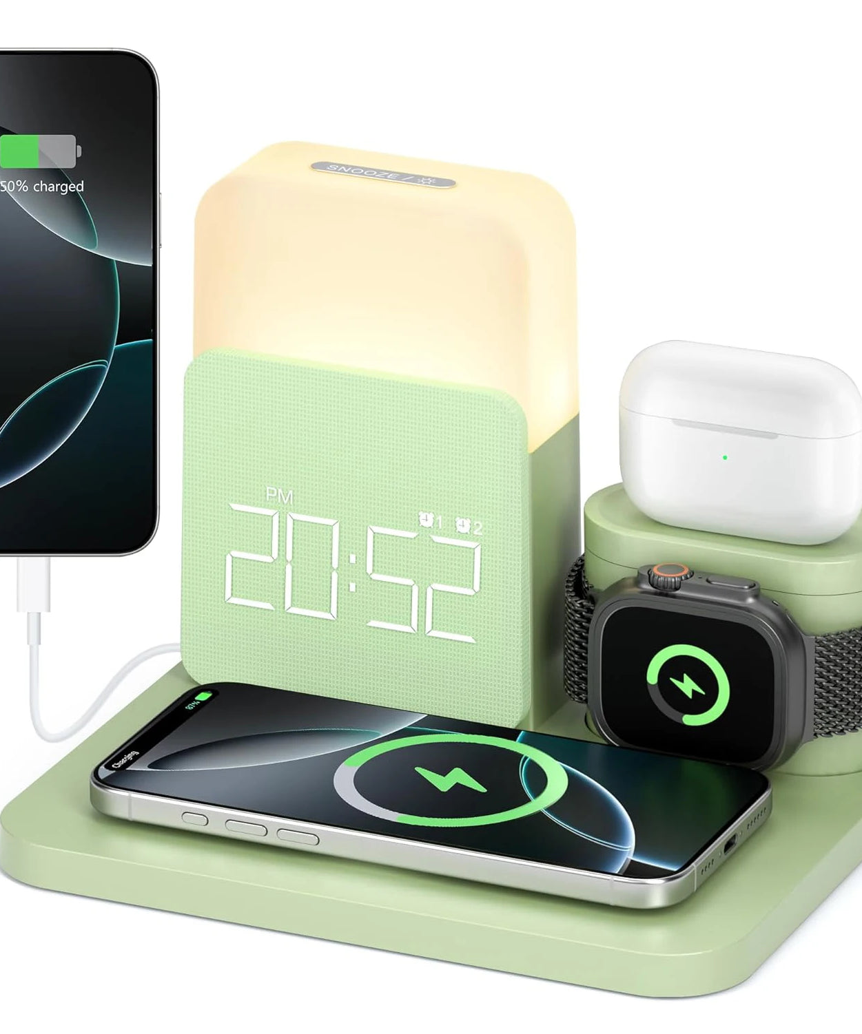 7-in-1 MagSafe Alarm Clock Charger-Wireless Station for iPhone 12-16/Samsung/Xiaomi/Huawei/Apple Watch/AirPods with Night Light