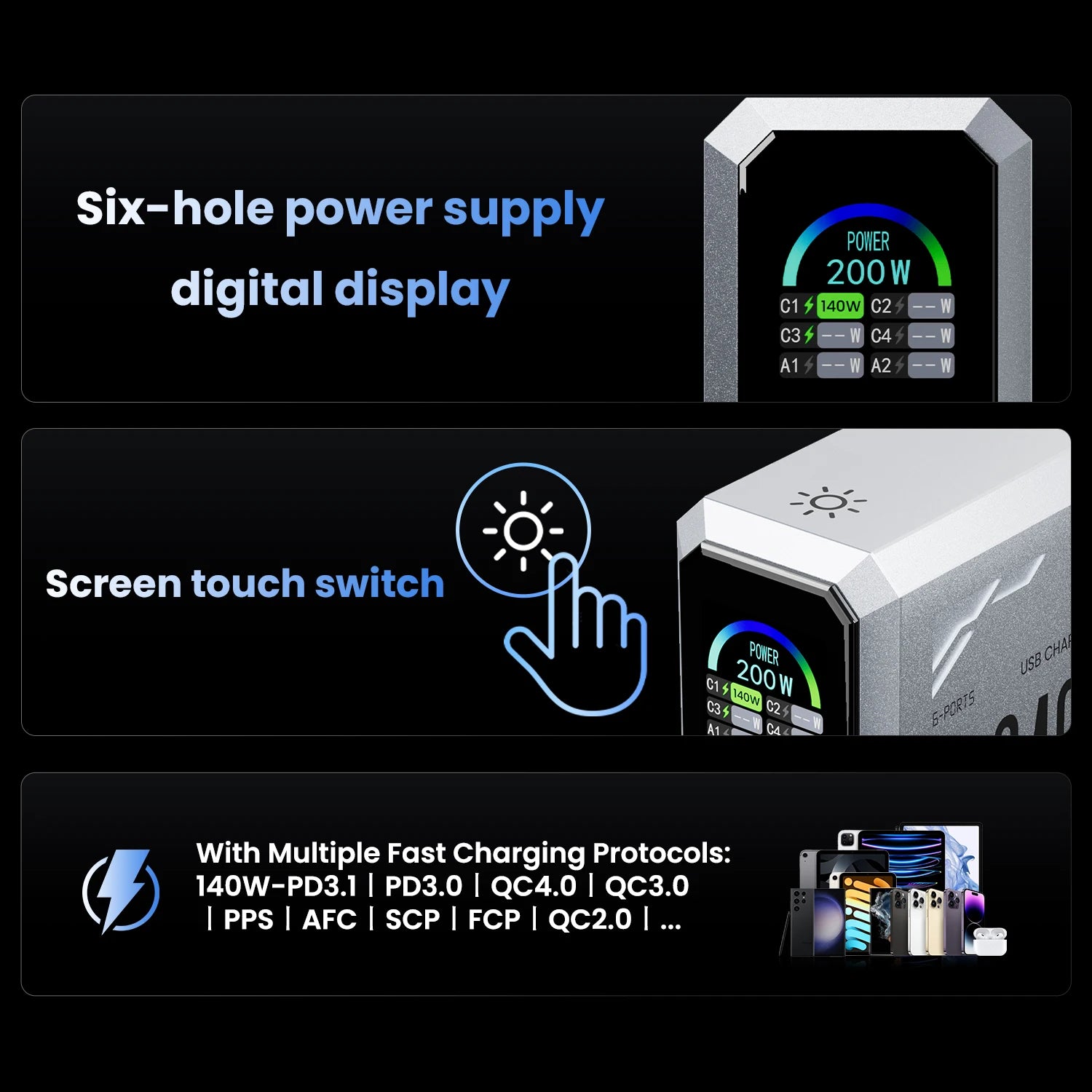 240W GaN Charger PD3.1 140W USB Type C 6 Ports PPS PD Desktop Fast Charging Station for MacBook Laptops Tablet iPhone Samsung
