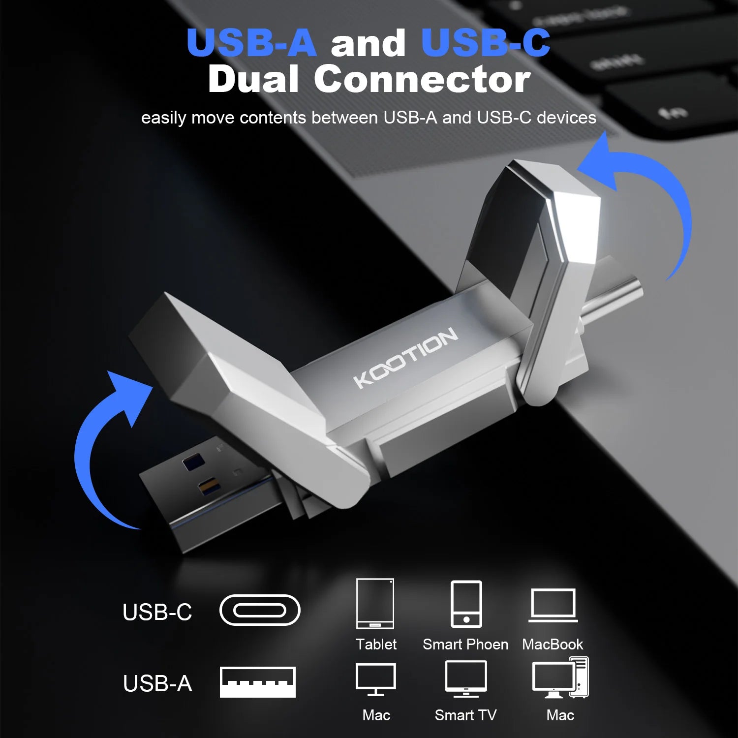 Kootion U54 USB Flash Drive Portable Type C/A Dual Slot USB Disk 128GB 256GB 512GB 450MB/S Grey Memory Stick for Laptop Tablet