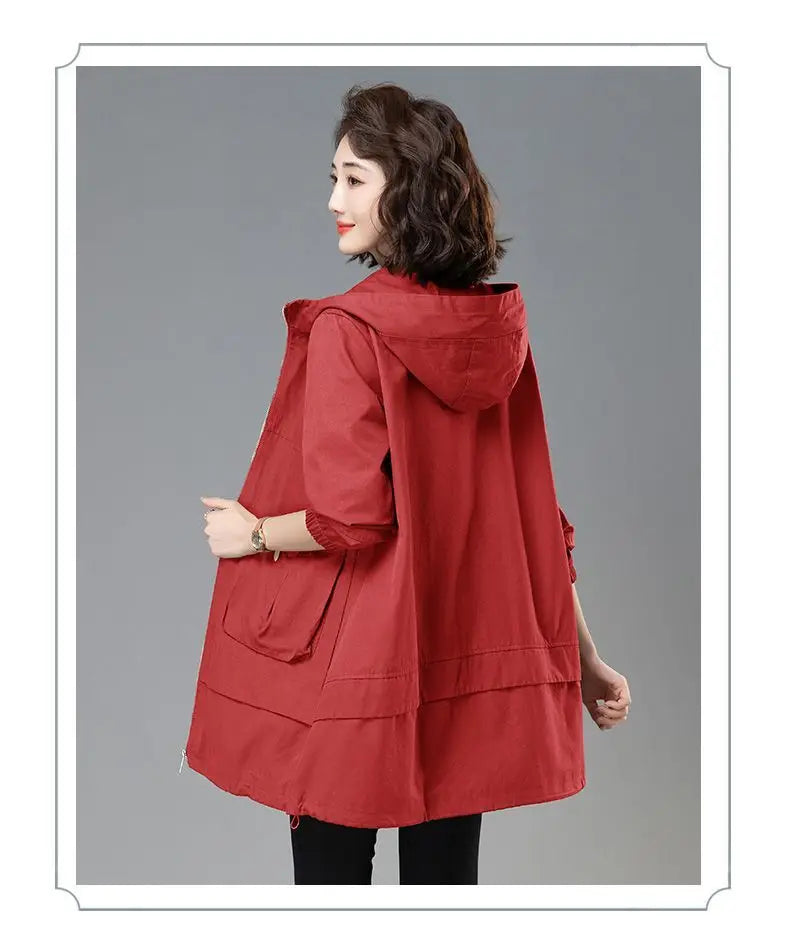 2024 Women Trench Coat With Hooded Tops Autumn New Coat Long-Sleeved Loose Mid-Length Outerwear Female Windbreaker