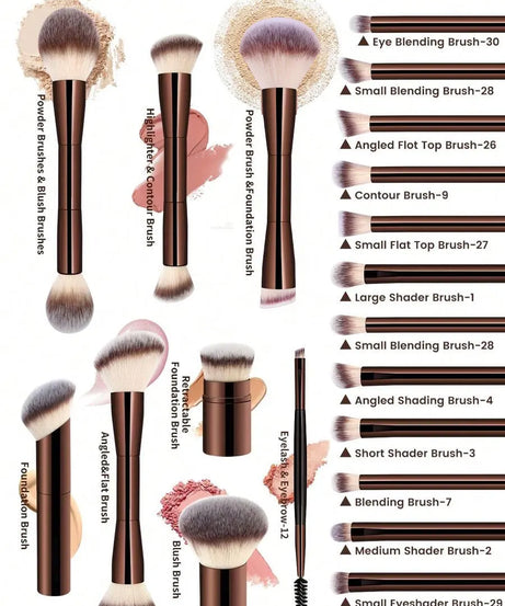 22pcs Professional Makeup Tools Set With Velvet Bag,20pcs Soft Long Aluminum Tube Makeup Brush Set+2pcs Powder Puffs Accessories