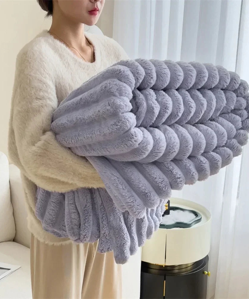 Ultra Soft Faux Rabbit Fur Throw Blanket Warm Plush Striped Blankets Conditioning Quilt Fluffy Throws for Couch Chair Sofa