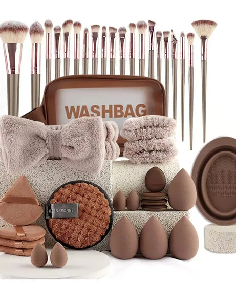 56-Piece Make up Brush Set (chocolate)- Full Face Cosmetics Kit , Eyeshadow Blending Brushes & Beauty Sponge  make up brushes