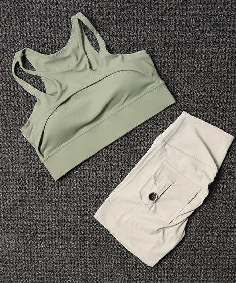 Fitness Shorts Yoga Sets Women's Tracksuit High Waist Sportswear Bra Workout Leggings Cycling Gym Shorts Sports Suit With Pocket